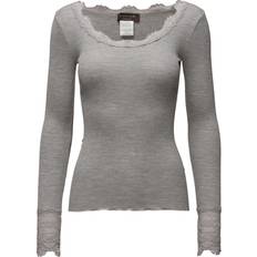 Rosemunde Silk T-Shirt Regular LS W/Wide Lace - Light Grey Melange