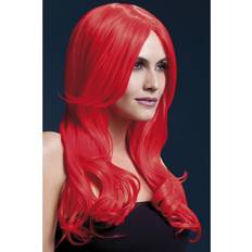 Smiffys Fever Khloe Wig Wavy with Long Fringe Neon Red