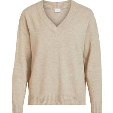Vila Ril Oversize V-Neck Knitted Pullover - Beige/Natural Melange