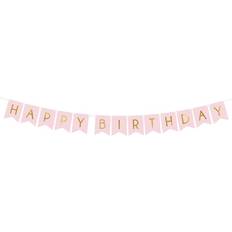 PartyDeco Flag Banner Pink with Happy Birthday Gold Lettering 175 cm, Color, GRL57-081J