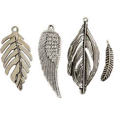 Sølv DIY Creotime Feather, D: 29-55 mm, hole size 12-20 mm, antique silver, 4x10 pc/ 1 pack