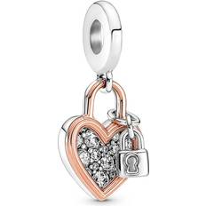 Pandora Heart Padlock Double Dangle Charm - Silver/Rose Gold/Transparent