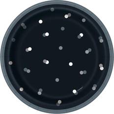 Unique Party 83584 Black Polka Dots Foil Stamped Paper Plates, 7" Disposable 8 Pcs, Happy Birthday