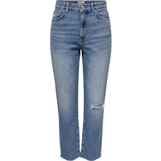Damen - W32 Jeans Only Emily High Waisted Destroyed Straight Fit Jeans - Blue/Light Medium Blue Denim