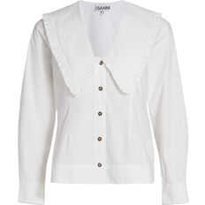 Ganni Poplin V-Neck Frill Collar Shirt - Bright White