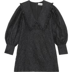 Ganni Jacquard Organza V-Neck Ruffle Collar Dress - Black