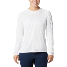 White - Women Tops Columbia Women’s PFG Tidal Tee II Long Sleeve Shirt - White/Cirrus Grey Logo