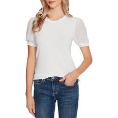 CeCe Puff Sleeve Mixed Media Top - Soft Ecru