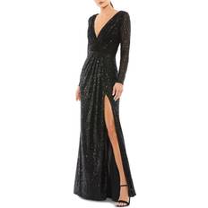 Mac Duggal Long Sleeve Sequin Faux Wrap Gown - Black