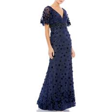 Mac Duggal Floral Applique Flutter Sleeve Gown - Midnight