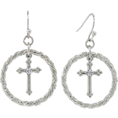 1928 Jewelry Suspended Cross Hoop Drop Earrings - Silver/Transparent