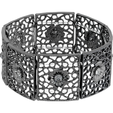 1928 Jewelry Jet Tone Filigree Stretch Bracelet by 1928 - Black/Transparent