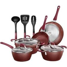 Red Cookware Sets NutriChef Diamond Pattern Cookware Set with lid 11 Parts