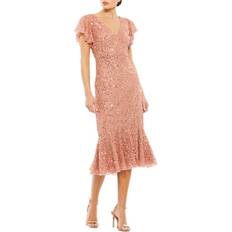 Mac Duggal Sequined Flutter Sleeve Midi Dress - Rose Gold