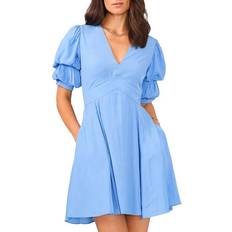 1.State Bubble Sleeve V Neck Dress - Iris Blue