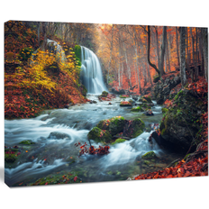 Design Art Autumn Mountain Waterfall Long View Framed Art 40x30"