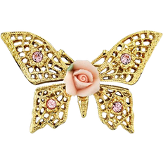 1928 Jewelry Crystal And Porcelain Butterfly Brooch - Gold/Diamond