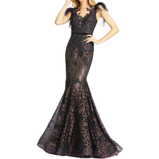 Clothing Mac Duggal Illusion Sequin Lace Feather Sleeve Mermaid Gown - Black