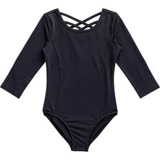 Rainbeau Moves Girl's Criss-Cross Strap 3/4 Sleeve Leotard - Black (RB6829G)