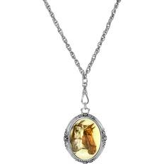 1928 Jewelry Horse Friends Oval Stone Swivel Pendant Necklace - Silver/White/Brown