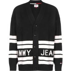 Tommy Hilfiger Stripe Intarsia Logo V-Neck Cardigan - Black