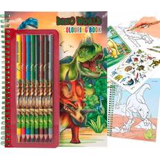 Depesche 11385 Dino World Book with Small Pen Set of 8 Pencils, a Sticker Sheet and Many T-Rex, Dinosaurs and Jungle Motifs for Colouring and Sticking, Multicoloured