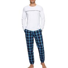 Hvite Pysjamaser Hugo Boss Mens Dynamic Long Set Cotton Pyjama Set with Checked Bottoms in Regular fit