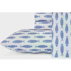 Cotton - Flat Sheet Bed Sheets Nautica Woodblock Fish Bed Sheet Blue (259.08x228.6)