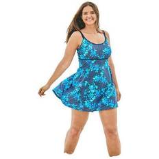 Blue Swimsuits Plus Women's Empire-Waist Swim Dress by Swim 365 in Floral (Size 18) Swimsuit