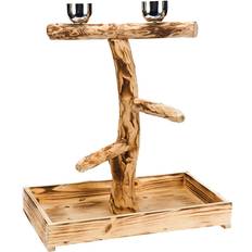 Penn Plax Wood Bird Perch with 2 Stainless Steel Feeding Cups