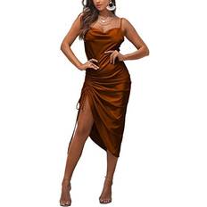 Lyaner Satin Spaghetti Straps Cowl Neck Sexy Ruch Cocktail Midi Dresses