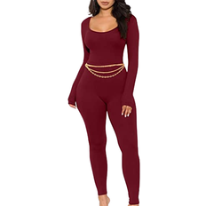 Gokatosau Women's Sexy Long Sleeve Bodycon Solid Outfits Club Rompers Jumpsuits - Wine Red