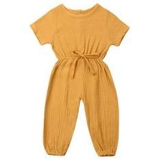 Toddler Fall Basic Plain Drawstring Jumpsuit - Mustard Yellow