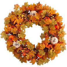 Nearly Natural 30" Autumn Pumpkin and Maple Leaf Artificial Fall Wreath Orange