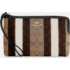 Coach Large Corner Zip Wristlet In Signature Jacquard With Stripes - Gold/Khaki Black Multi