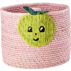 Rice Round Raffia Basket w. Apple Embroidery