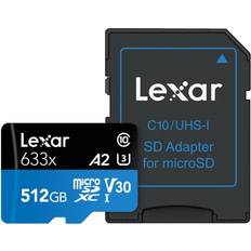 LEXAR 512 GB Memory Cards LEXAR High Performance microSDXC Class 10 UHS-I U3 V30 A2 100/70MB/s 512GB +SD Adapter (633x)