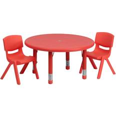 Tables Flash Furniture Round Plastic Height-Adjustable Activity Table With 2 Chairs, 23-3/4" x 33" Red