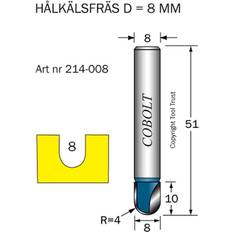 Cobolt Hålkälsfräs R=4, D=8, L=10, TL=51, S=8