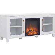 White TV Benches Henn&Hart Stand with Log Fireplace Insert White TV Bench 58x25"