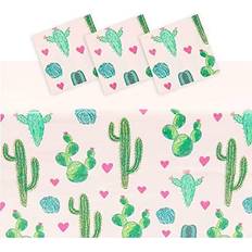 Plastic Cactus Tablecloth for Let's Fiesta Birthday Party Decorations (Pink, 54x108 in, 3 Pack)