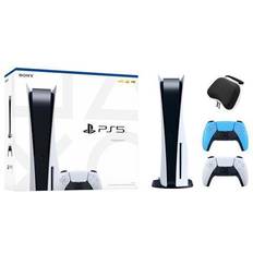 Sony PlayStation 5 Disc Edition with Two Controllers White and Starlight Blue DualSense and Mytrix Hard Shell Protective Controller Case
