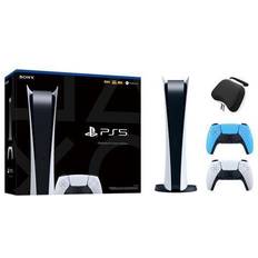 Sony PlayStation 5 Digital Edition with Two Controllers White and Starlight Blue DualSense and Mytrix Hard Shell Protective Controller Case