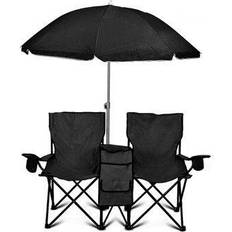 Camping Furniture GoTeam Double Folding Chair Set with Umbrella and Cooler Bag Black