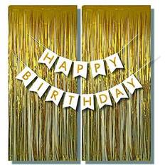 Party Decorations White and Gold Happy Birthday Banner Sign with Two Matching Gold Curtains Sturdy Preassembled Party Decorations by Dream VZN