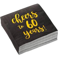 Plates, Cups & Cutlery 50 Pack Black 60th Birthday Napkins, Gold Foil Cheers to 60 Years Wedding Anniversary Party Decorations (5 x 5 In)