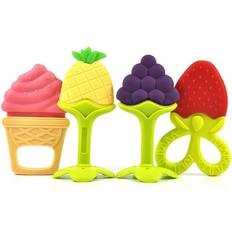Teething Toys SLGOL Fruit Teething Toys for Babies 4 Pack, BPA Free Silicone Teethers for 3 Month Little Boy & Girl Cute Infant and Shower Gifts
