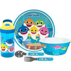Best Baby Dinnerware Zak Designs 5 pcs Baby Shark Kids Dinnerware Set Melamine Plate Bowl Water Bottle Flatware Perfect for Kids Underwater Friends