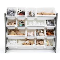 Children Wood and Plastic Organizer Rack with 16 Bins, Gray and White