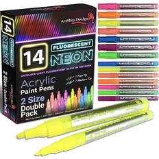 Markers 14 Pack Neon Fluorescent Acrylic Paint Pens, Double Pack of Both Extra Fine and Medium Tip Paint Markers, for Rock Painting, Mug, Ceramic, Glass, and More, Water Based Non-Toxic and No Odor